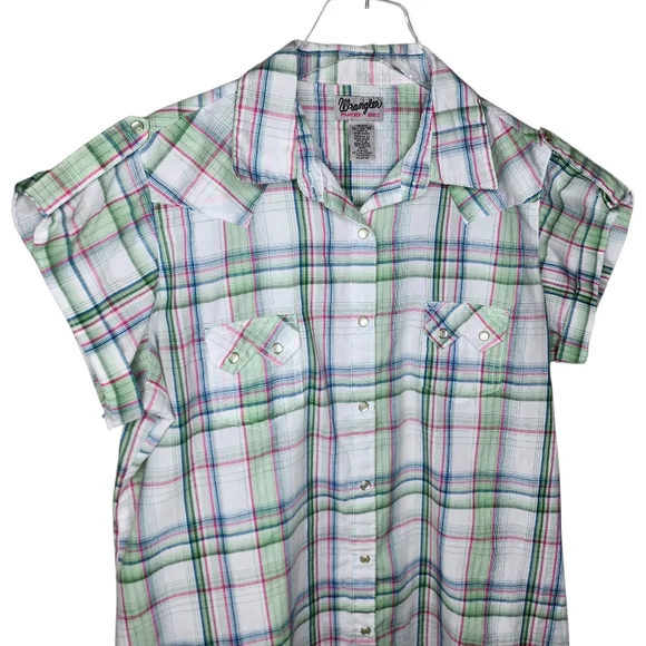 Wrangler Wrancher Western Plaid Pearl Snap Short Sleeve Shirt Size XL - Picture 3 of 5